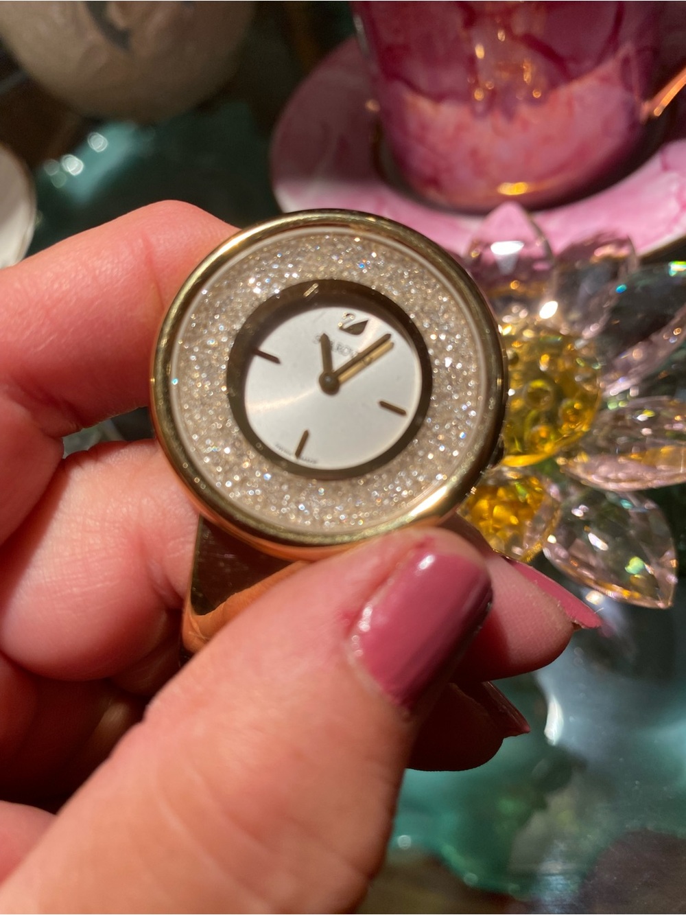 Swarovski Gold Crystal-Embellished Round Dial Ring Watch